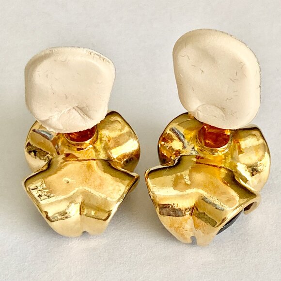 Vintage Montana Blue Glass Clip On Earrings Jeweled Cut Gold Plated Huggie 70s - Picture 5 of 9